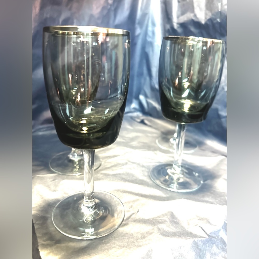 Gorham Crystal Midnight Mist Smoke Gray Platinum Rim Wine Glasses/Water Goblets